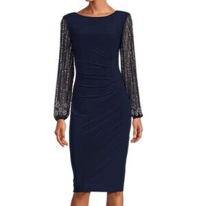 MARINA Elegant Navy Dress with Beaded Sleeves